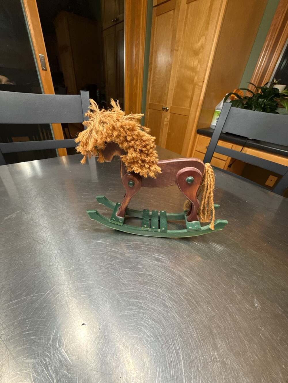 Small Vintage Decorative Wooden Rocking Horse with Yarn Mane and Tail